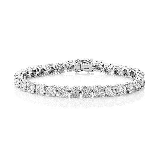 18K White Gold Cluster Diamond Tennis Bracelet