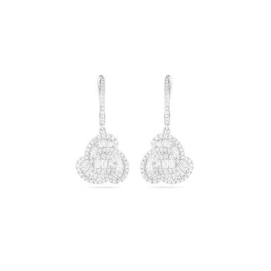 18K White Gold Swirl Baguette Diamond Drop Earrings