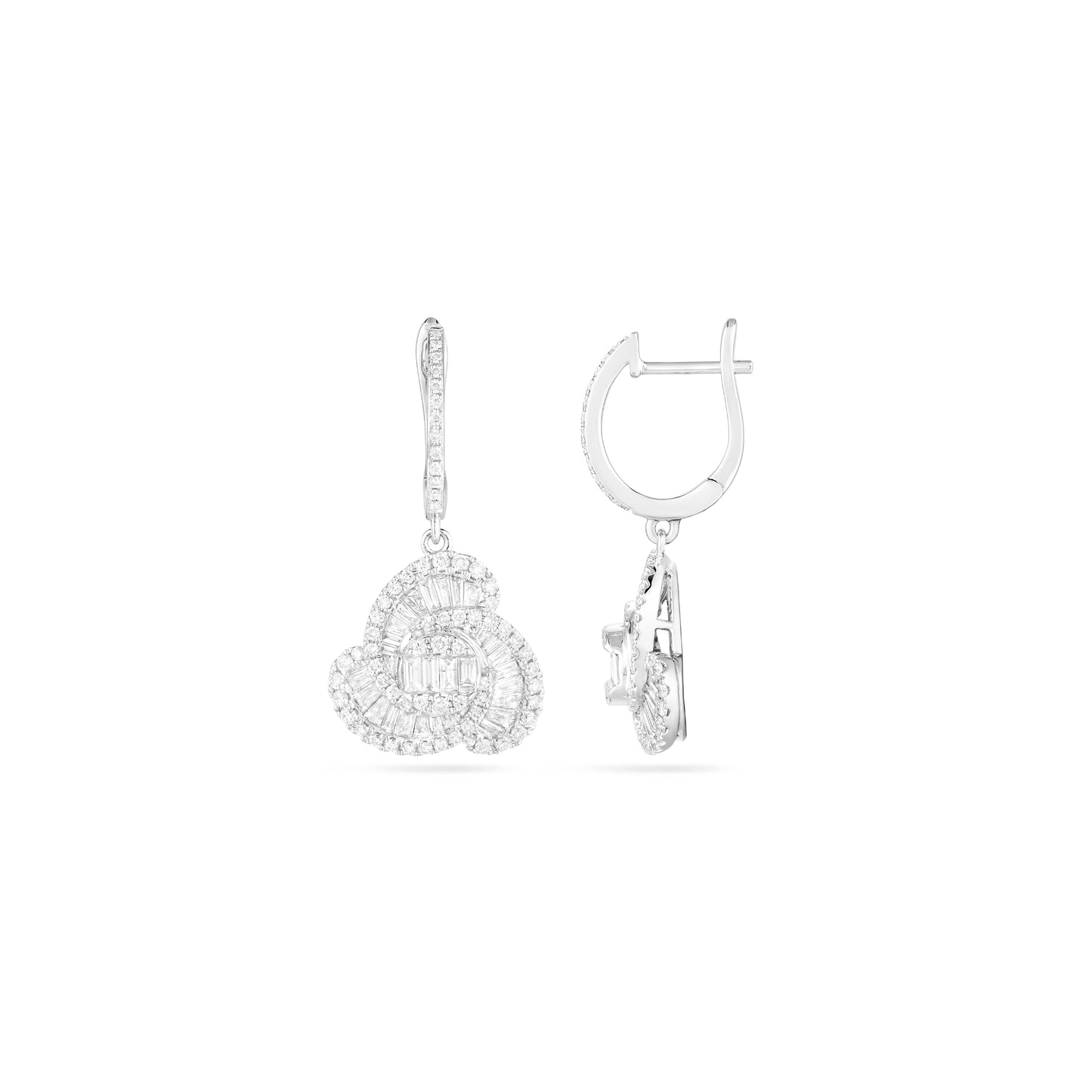 18K White Gold Swirl Baguette Diamond Drop Earrings