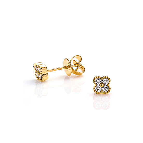 18K Yellow Gold Petite Diamond Flower Stud Earrings